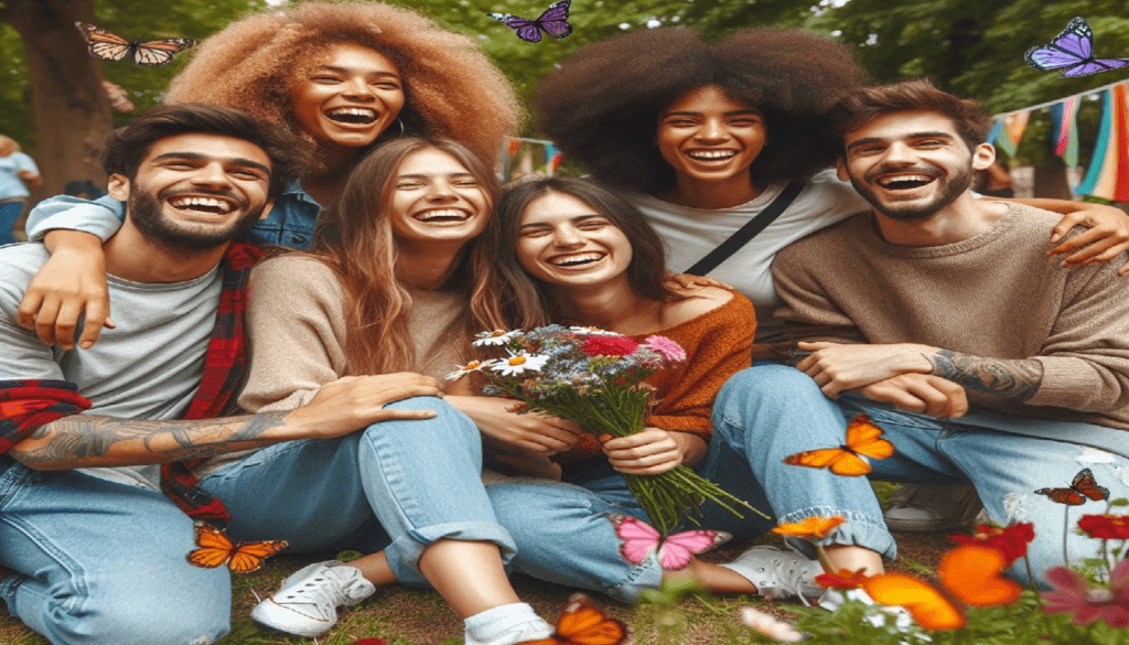 Friends sitting on the floor, looking and laughing together after going through a situation where one of them was criticized. while the others speak, illustrating the positive impact of criticism in friendship.”