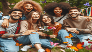Friends sitting on the floor, looking and laughing together after going through a situation where one of them was criticized. while the others speak, illustrating the positive impact of criticism in friendship.”