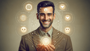 Illustration of emotional intelligence showing a person balancing various emotions, symbolizing self-awareness, empathy, and social skills.