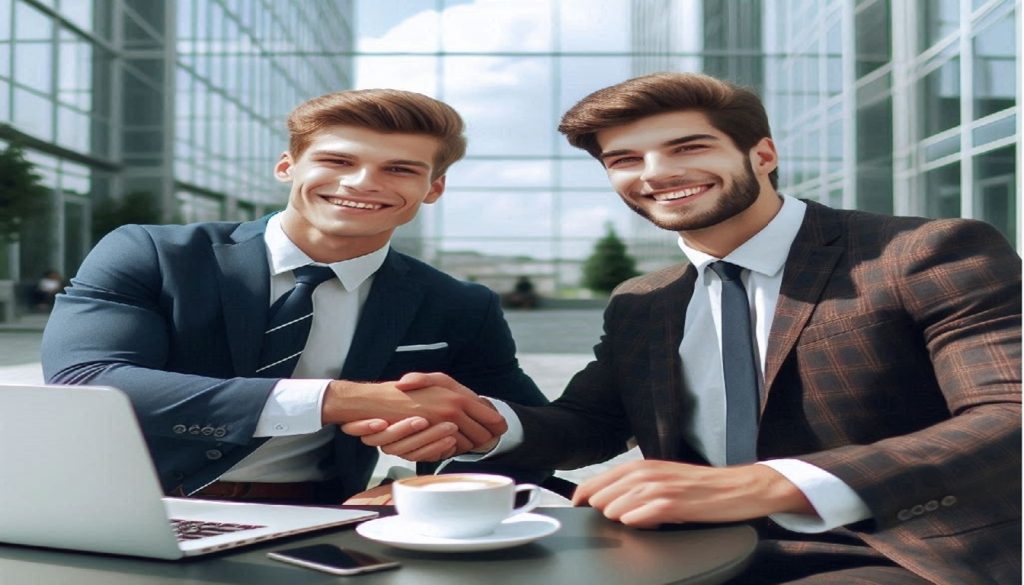 Friends as Business Partners: Two people who are friend looking to become business partners, shaking hands and smiling, with a professional setting in the background.