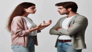 An illustration showing a couple sitting together, with one partner comforting the other who appears upset. The text reads ‘The Importance of Managing Mood Swings for a Happy Relationship,’ emphasizing the role of emotional balance in maintaining a healthy and supportive partnership