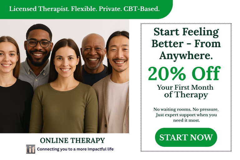 Diverse group standing in unity beneath text promoting online therapy with licensed therapists—highlighting private, CBT-based support accessible from anywhere, with 20% off the first month.