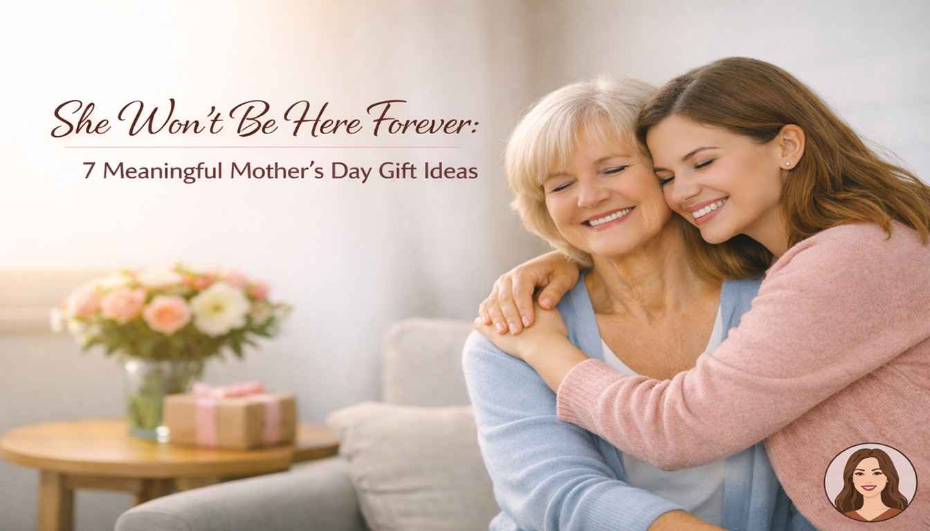Adult daughter hugging her mother in warm natural light, both smiling with tears in a cozy pastel living room with a bouquet and small wrapped gift — hero image for “She Won’t Be Here Forever: 7 Meaningful Mother’s Day Ideas