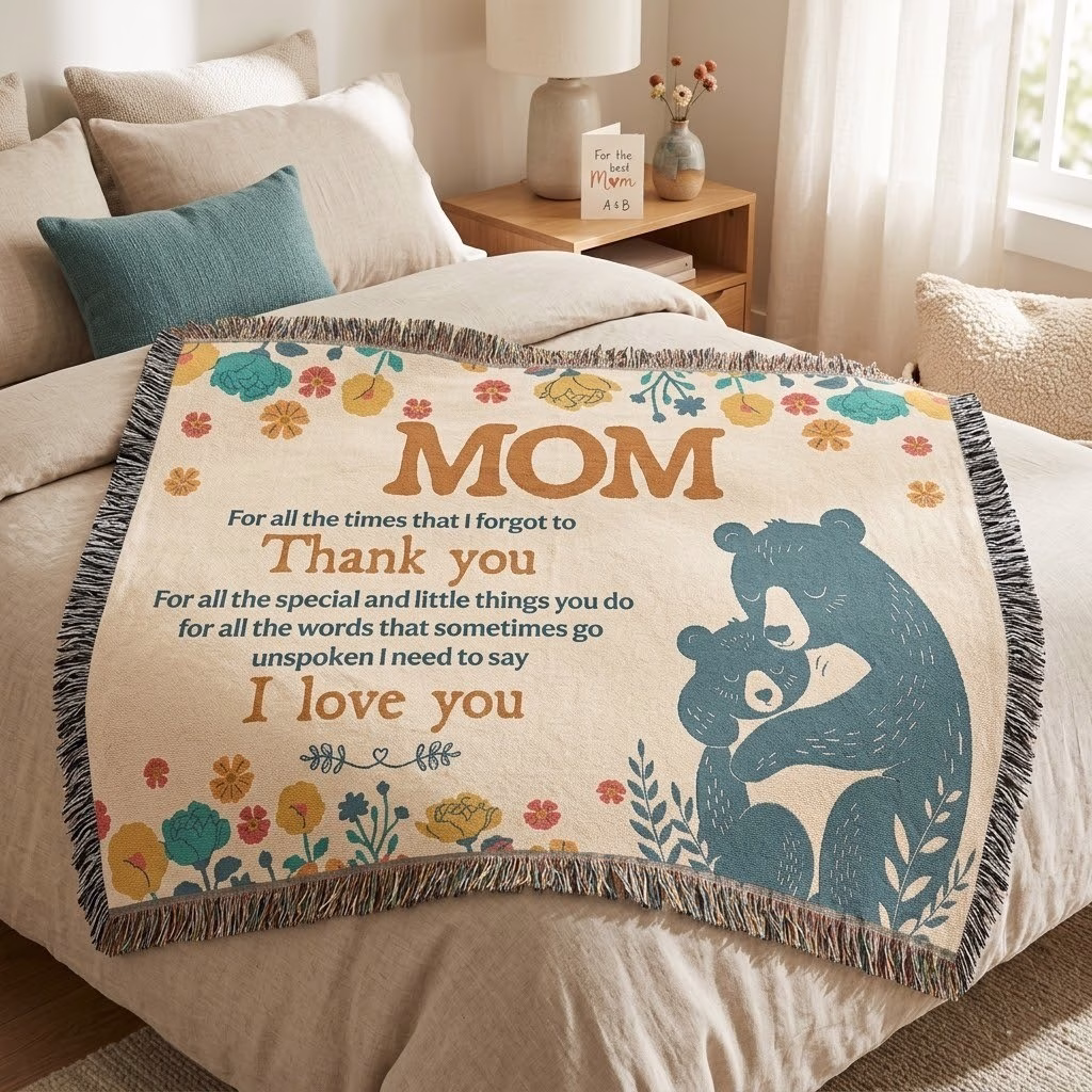 A high-quality product mockup of a custom-woven Mother’s Day throw blanket draped over a neutral-toned bed in a sunlit, cozy room. The blanket is cream-colored with textured fringed edges and features a large vintage-style 'MOM' title. The design includes a sentimental poem of gratitude and a sweet blue-toned illustration of a mother bear hugging her cub. Delicate floral motifs in teal, coral, and gold decorate the corners. In the background, a small white gift card sits on a bedside table, creating a warm, celebratory atmosphere for a gift to Mom